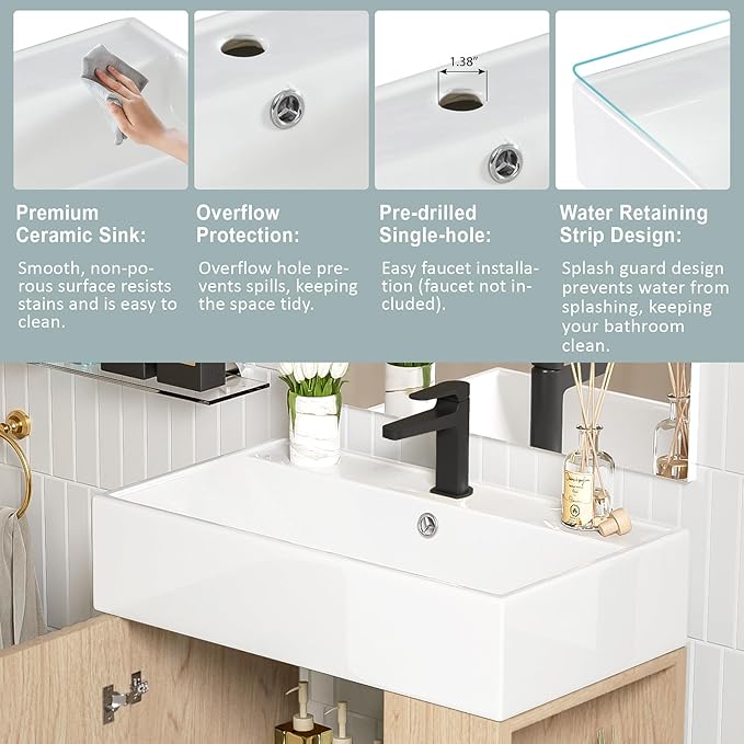 21.6 in Small Bathroom Vanity with Sink,Doors and Storage Shelves,Wood Modern Single Fluted Bathroom Sink Cabinet Freestanding (Natural Wood,Right Shelf)
