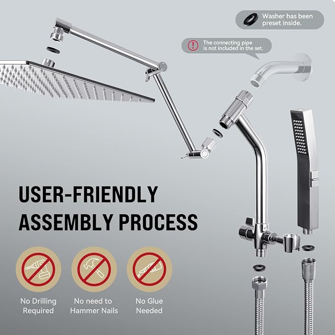 All Metal 12 Inch Rain Shower Head with Handheld Built-in Power Wash Mode, High Pressure Waterfall Rainfall Square Shower Heads with 16" Adjustable Extension Arm, Dual Showerhead(Chrome)