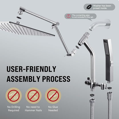 All Metal 12 Inch Rain Shower Head with Handheld Built-in Power Wash Mode, High Pressure Waterfall Rainfall Square Shower Heads with 16" Adjustable Extension Arm, Dual Showerhead(Chrome)