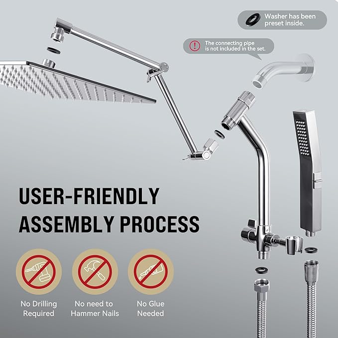 All Metal 10 Inch Rain Shower Head with Handheld Built-in Power Wash Mode, High Pressure Waterfall Rainfall Square Shower Heads with 16" Adjustable Extension Arm, Dual Showerhead(Chrome)