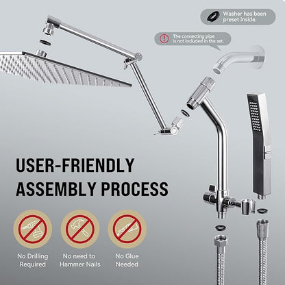 All Metal 10 Inch Rain Shower Head with Handheld Built-in Power Wash Mode, High Pressure Waterfall Rainfall Square Shower Heads with 16" Adjustable Extension Arm, Dual Showerhead(Chrome)