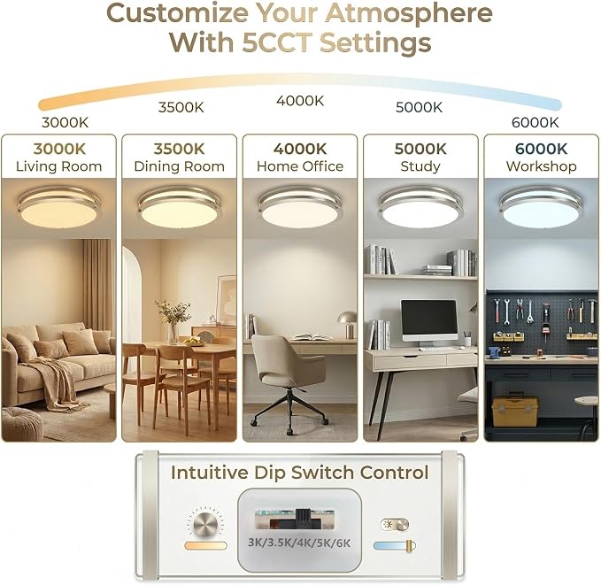 13inch LED Flush Mount Ceiling Light Fixture 5CCT Brushed Nickel | Dimmable Warm to White Light 3000K to 6000K, 36W 3600LM Super Bright Easy Install Ceiling Lamp Fixture Without Flicker 2Pack