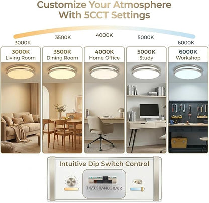 13inch LED Flush Mount Ceiling Light Fixture 5CCT Brushed Nickel | Dimmable Warm to White Light 3000K to 6000K, 36W 3600LM Super Bright Easy Install Ceiling Lamp Fixture Without Flicker 2Pack