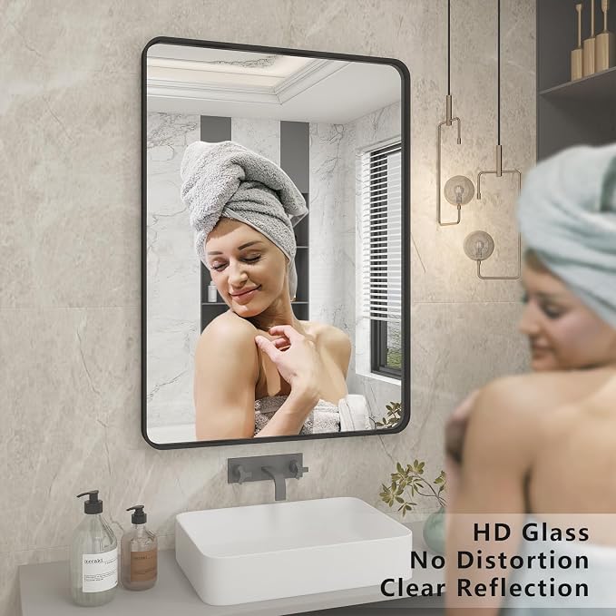 20x24 Inch Black Metal Framed Bathroom Mirror for Wall | Matte Black Bathroom Vanity Mirror, Anti-Rust, Rounded Rectangle, Hangs Horizontally or Vertically