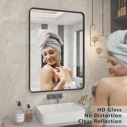 20x24 Inch Black Metal Framed Bathroom Mirror for Wall | Matte Black Bathroom Vanity Mirror, Anti-Rust, Rounded Rectangle, Hangs Horizontally or Vertically