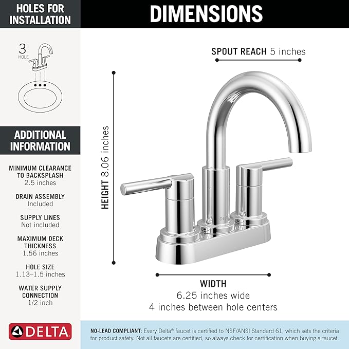 Delta Nicoli Centerset Chrome Bathroom Faucet, 4 Inch 3 Hole Bathroom Sink Faucet for Vanity, Push-Pop Drain Assembly, Chrome 25749LF