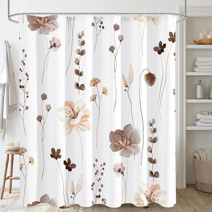 Brown Beige Watercolor Floral Fabric Shower Curtain, 72x84 | Waterproof Fabric, Modern Minimalist Floral Print, Machine Washable, Rustproof Grommets, for Bathroom Home, Extra Long