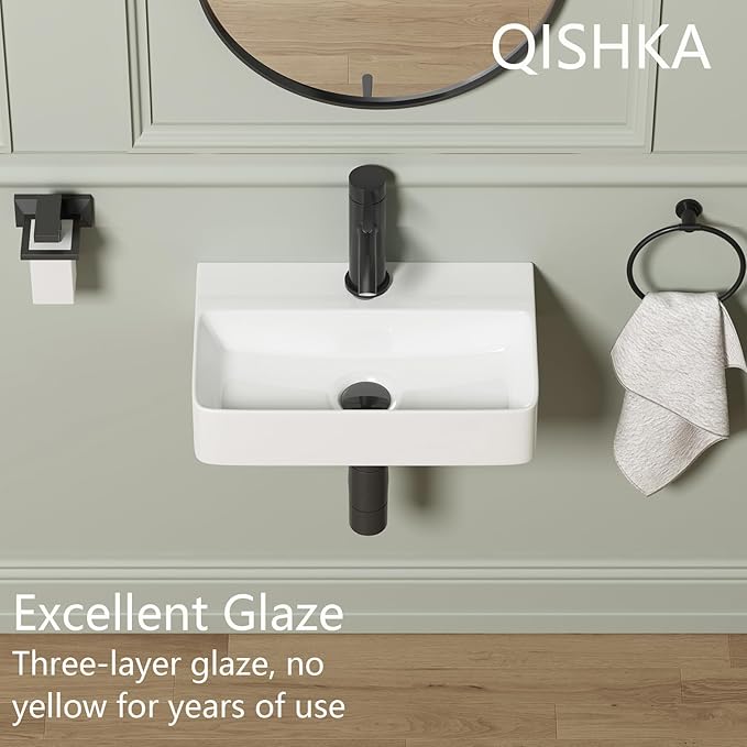 Wall Mounted Bathroom Vessel Sink, QISHKA 18" X 11" Rectangular Floating Ceramic Wash Hand Basin White Wall Hung Vanity Sink for Bathroom and Cloakroom