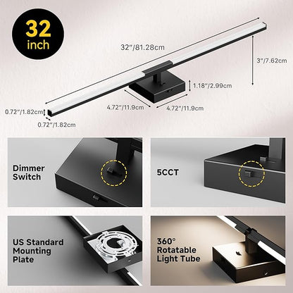 Vanity Lights 32 inch, 4-Level Brightness Built-in Dimmer, 18.5W Dimmable 5CCT Bathroom Light Fixtures Over Mirror, Black Vanity Lights for Bathroom Mirror Bedroom-FCC & ETL Certified