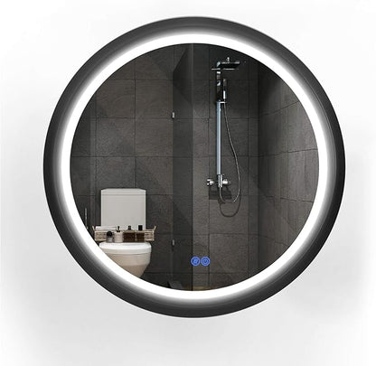 28 Inch Round LED Mirror for Bathroom, Black Metal Frame Lighted Vanity Mirror with 3 Color Modes, Touch Dimmer - Anti-Fog Wall Mounted Circle Mirror with Lights - Fab Glass and Mirror