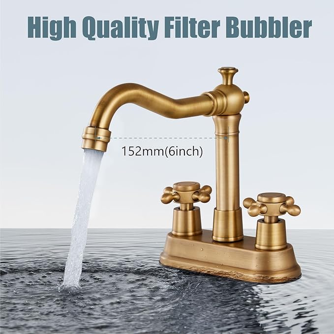 Aolemi 4 Inch Centerset Bathroom Sink Faucet Vintage 2 Cross Handle RV Mixer Tap Basin Vanity Lavatory Utility for Sink 3 Hole Include Hoses Pop Up Drain Faucet Handle with Label Antique Brass