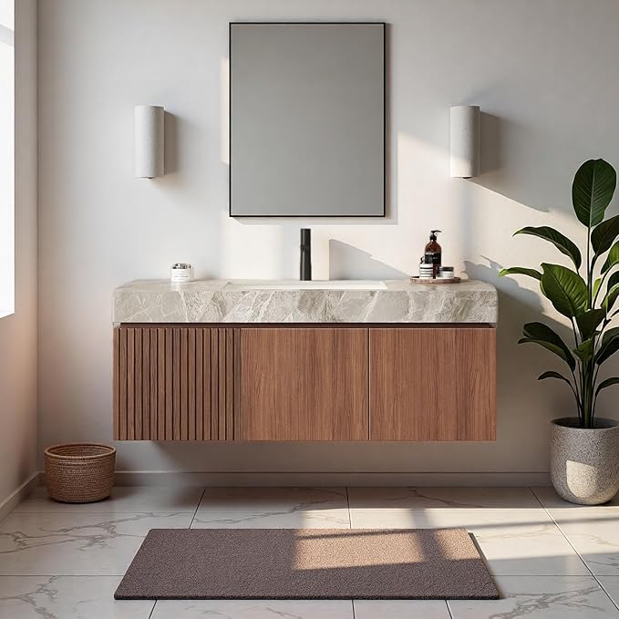 48" Bathroom Vanity with Sink, Wall-Mounted Plywood Bathroom Storage Cabinet with Ceramic Basin & Sintered Stone Countertop, Modern Pre-Assembled Floating Vanity with Drawer & Door, Brown Oak