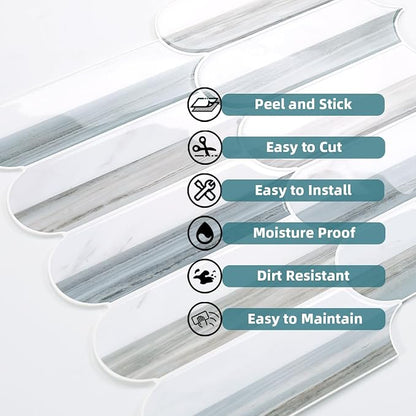 Tilingview 10PCS Peel and Stick Backsplash for Kitchen, Self-Adhesive Marble Splicing Vinyl Tile, Feather Gel Wall Tile for Home Decoration (Blue White)