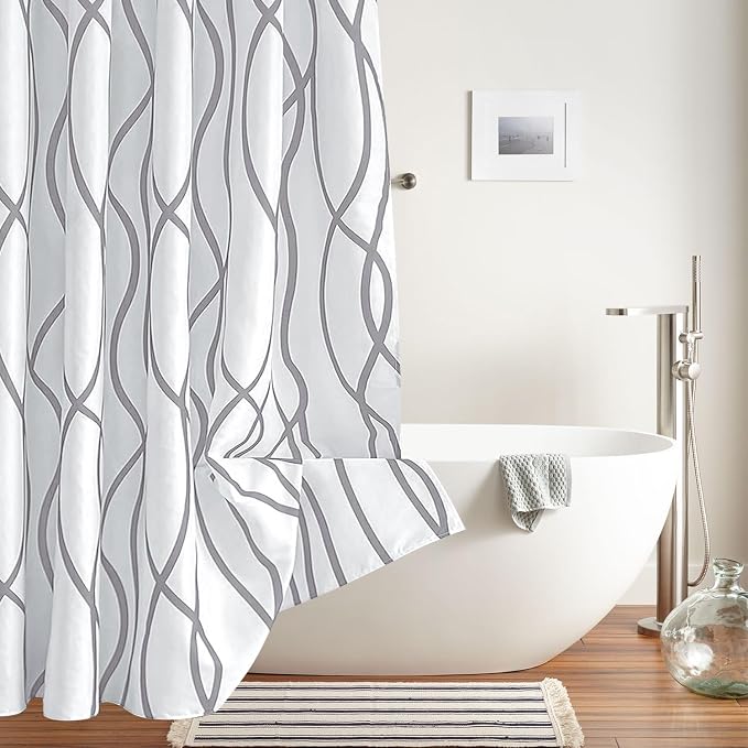 Fabric Modern Extra Long Shower Curtains for Bathroom-Silver Grey and White | 72"W x 84"L Textured Faux Linen Luxury Hotel Quality Washable-Abstract Wavy Cloth Bath Curtain-Apartment Minimalist Decor