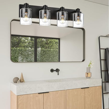 4 Light Bathroom Vanity Lights, Bathroom Lighting Fixtures over Mirror with Clear Glass Shades, Black Vanity Light For Bathoom, Modern Wall Sconces Vanity Lighting Fixture for Bathroom Hallway