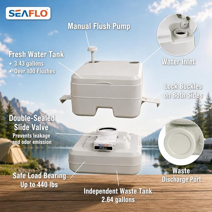 SEAFLO Premium Camping Portable Toilet - 5.8 Gallon Waste 3.43 Gall Fresh Tank (100 Flushes), 440 lbs Max Weight, Level Indicator, Sealed Waste Tank for RV, Boat, Elderly, Off-Grid, 4-Year Warranty