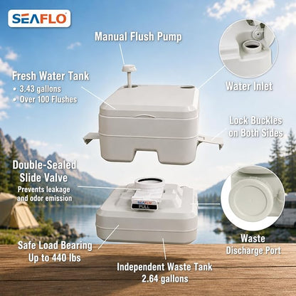 SEAFLO Premium Camping Portable Toilet - 5.8 Gallon Waste 3.43 Gall Fresh Tank (100 Flushes), 440 lbs Max Weight, Level Indicator, Sealed Waste Tank for RV, Boat, Elderly, Off-Grid, 4-Year Warranty