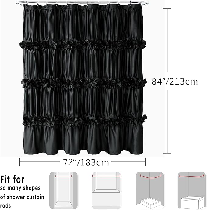 Homechoice Decor Black Ruffle Shower Curtain 72" W x 84" H | Vintage Handcrafted Bow Tie Bath Curtain for Master Bathroom, Ruched Satin Bathroom Curtain with 12 Buttonholes (LQ-10)
