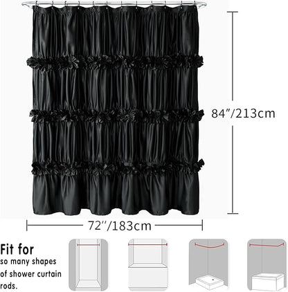 Homechoice Decor Black Ruffle Shower Curtain 72" W x 84" H | Vintage Handcrafted Bow Tie Bath Curtain for Master Bathroom, Ruched Satin Bathroom Curtain with 12 Buttonholes (LQ-10)