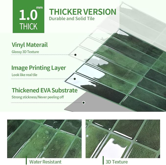 Peel and Stick Backsplash 3D Wall Tiles,Self-Adhesive,Oil Proof,Waterproof, Removable Wall Panels for Kitchen & Bathroom,Modern Design, Easy Install (10.7ft，12x9 inch,14 Pack) (Green)