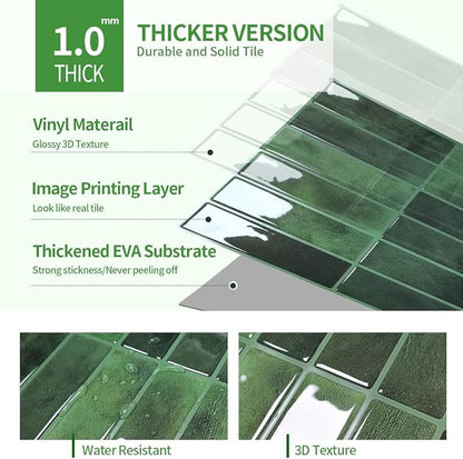 Peel and Stick Backsplash 3D Wall Tiles,Self-Adhesive,Oil Proof,Waterproof, Removable Wall Panels for Kitchen & Bathroom,Modern Design, Easy Install (10.7ft，12x9 inch,14 Pack) (Green)
