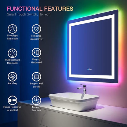 LOAAO 36"X36" RGB LED Bathroom Mirror with Lights, UL Listed | Anti-Fog, Dimmable, RGB Backlit + Front Lighted, Memory Function, Tempered Glass