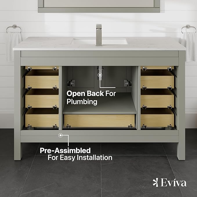 Eviva London 54 Inch Bathroom Vanity White Vanity Bathroom Sink Cabinet W/Quartz Countertop Porcelain Single Sink Design for Modern Bathrooms