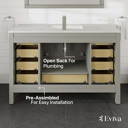 Eviva London 54 Inch Bathroom Vanity White Vanity Bathroom Sink Cabinet W/Quartz Countertop Porcelain Single Sink Design for Modern Bathrooms