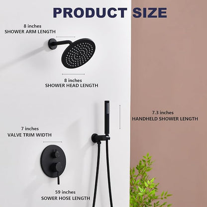 Shower System, All Metal Black Shower Faucet Set, Matte Black | 8" Rainfall Shower Head and Handheld Spray Combo, Round Shower Head and Handle Set with Valve and Trim Kit