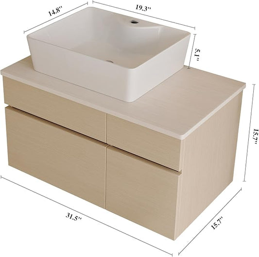 32" Floating Bathroom Vanity with Single Sink, Modern Wall Mounted Bathroom Vanities with Above Ceramic Basin, Wood Bathroom Vanity Cabinet with 1 Drawers and 2 Storage Cabinets, Natural