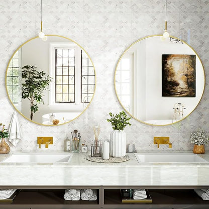 Gold Round Bathroom Mirror 24", Thin Metal Frame Wall Mirror | Circle Vanity Mirror for Over Sink, Hanging or Leaning Decor for Hallway, Entryway, Fireplace Mantel, Living Room