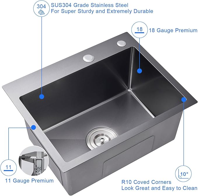 24 inch Drop-In Single Bowl Kitchen Sink 304 Black Steel 9" Deep | 24"x18" Black Drop in Sink | 304 SS | Topmount | 9" Deep Basin | Single Bowl | Residential/Prep