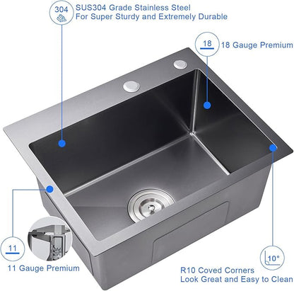 24 inch Drop-In Single Bowl Kitchen Sink 304 Black Steel 9" Deep | 24"x18" Black Drop in Sink | 304 SS | Topmount | 9" Deep Basin | Single Bowl | Residential/Prep