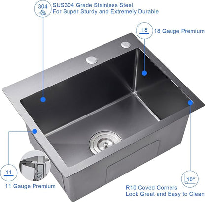 20"x16" Drop-In Single Bowl Kitchen Sink Black Steel 9" Deep | 20 inch Black drop-in sink | 304 Stainless Steel Handmade | Topmount/Overmount | Strainer included | Small Kitchen/Prep
