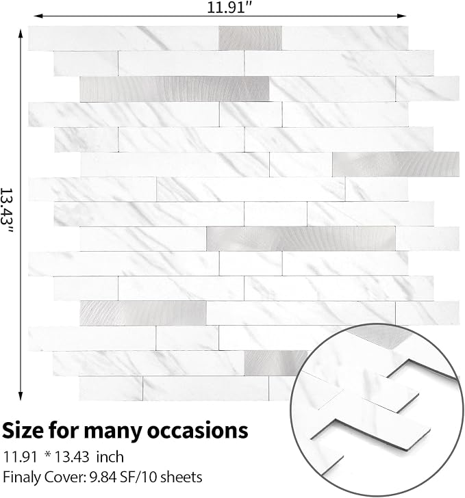 Yipscazo 10 Sheets Peel and Stick Stone Metal Tile Backsplash, Stick on Tiles for Backsplash Kitchen, Bathroom, Laundry Room, Camper, Fireplace (12'' X 12'', White Stone with Metal)