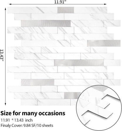 Yipscazo 10 Sheets Peel and Stick Stone Metal Tile Backsplash, Stick on Tiles for Backsplash Kitchen, Bathroom, Laundry Room, Camper, Fireplace (12'' X 12'', White Stone with Metal)