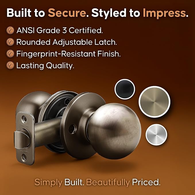 Copper Creek BK2020AB Ball Door Knob, Passage Function, 1 Pack, in Antique Brass