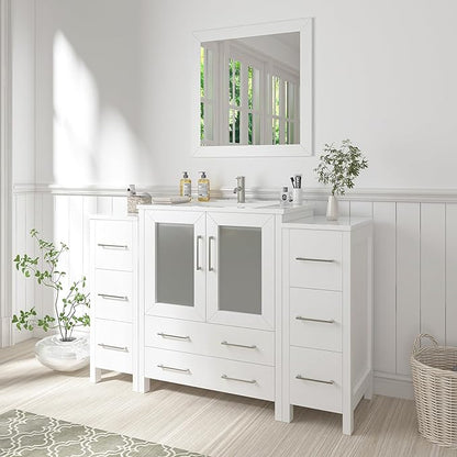 Vanity Art 54 Inch Under Mount Single Sink Bathroom Vanity Cabinet with 1 Mirror, Ceramic Top Bathroom Cabinet Compact Set with 8 Dovetail Drawers and Brushed Nickel Handles, VA3030-54-W