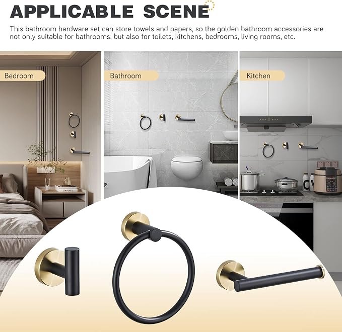 3-Piece Black and Gold Bathroom Hardware Set, Stainless Steel, Wall Mounted | Bathroom accessories set includes hand towel ring, toilet paper holder and robe hook, stainless steel wall-mounted desig