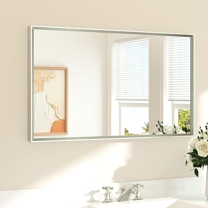 Brushed Nickel Bathroom Mirror for Over Sink 40" x 24" Brushed Nickel Beveled Framed Rectangle Vanity Mirror for Bathroom, Bedroom, Entryway, Living Room, Tempered Glass, Stronger Frame