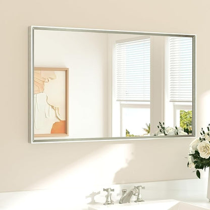 Brushed Nickel Bathroom Mirror for Over Sink 40" x 24" Brushed Nickel Beveled Framed Rectangle Vanity Mirror for Bathroom, Bedroom, Entryway, Living Room, Tempered Glass, Stronger Frame