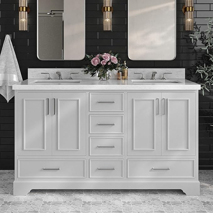 ARIEL Stafford 60-inch Bathroom Vanity with Sink,Solid Wood, 1.5-inch Italian Carrara Marble Countertop, Double Rectangular Porcelain Sink, 4 Soft Closing Doors, 6 Dovetail Drawers, Grey