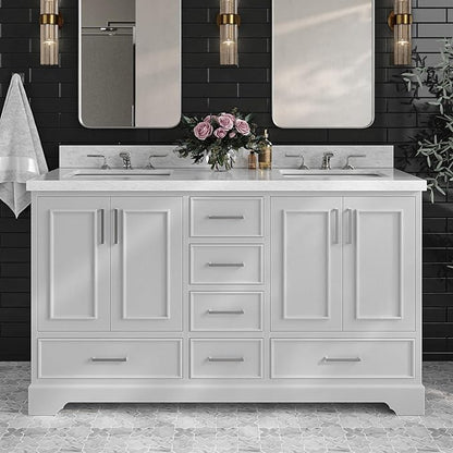 ARIEL Stafford 60-inch Bathroom Vanity with Sink,Solid Wood, 1.5-inch Italian Carrara Marble Countertop, Double Rectangular Porcelain Sink, 4 Soft Closing Doors, 6 Dovetail Drawers, Grey