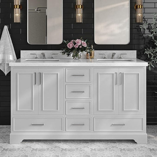 ARIEL Stafford 60-inch Bathroom Vanity with Sink,Solid Wood, 1.5-inch Italian Carrara Marble Countertop, Double Rectangular Porcelain Sink, 4 Soft Closing Doors, 6 Dovetail Drawers, Grey