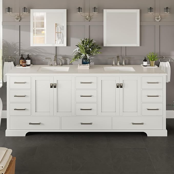 Eviva Storehouse Freestanding Double Sink Bathroom Vanities - White 84” Vanity with Sink and Countertop - Solid Wood Bathroom Sink Vanity