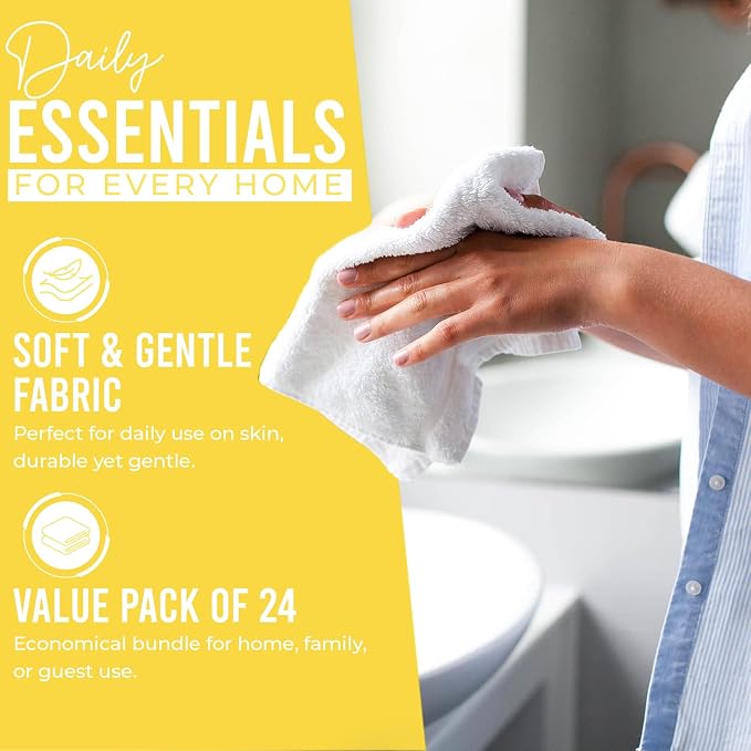 DAN RIVER 24 Pack Cotton Wash Cloths Set for Showering [12x12] Yellow | Lighter Weight, Quick to Dry, Super Soft & Absorbent Face Towels, Hotel Quality, Perfect for Bathroom, Gym, Spa