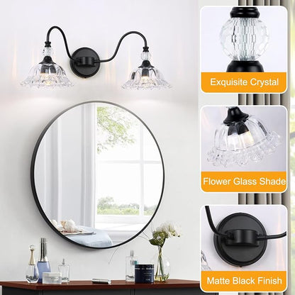 Farmhouse Bathroom Vanity Light Fixtures 2 Lights Matte Black Vanity Lights for Bathroom with Floral Crystal Glass Shade Wall Lighting Fixtures Over Mirror(Exclude E26 Bulb)