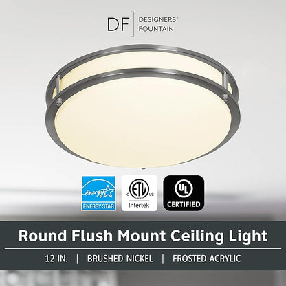 Designers Fountain Flush Mount Ceiling Light, 12 Inch Round LED DC Lighting Fixture Kitchen, Bedroom, Bathroom, Hallway, Dimmable, 1200 Lumens, 3000K/4000K/5000K, Brushed Nickel, EV1412C3C-35