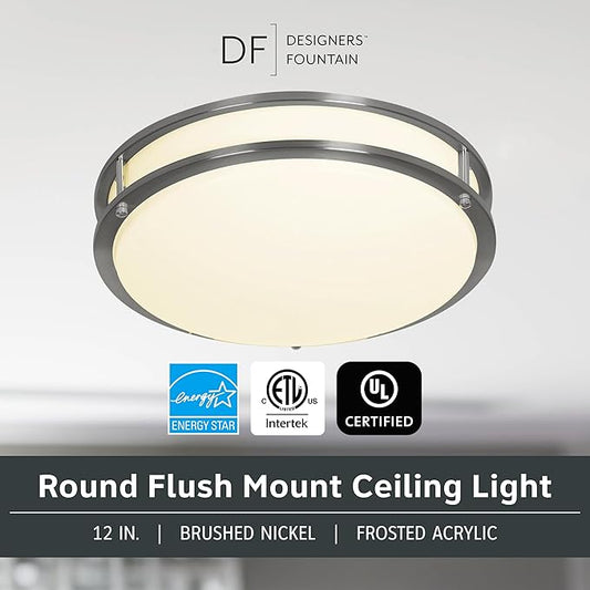 Designers Fountain Flush Mount Ceiling Light, 12 Inch Round LED DC Lighting Fixture Kitchen, Bedroom, Bathroom, Hallway, Dimmable, 1200 Lumens, 3000K/4000K/5000K, Brushed Nickel, EV1412C3C-35