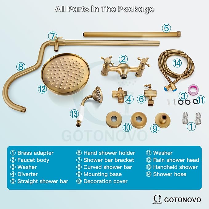 gotonovo Exposed Shower Faucet Set Luxury,Antique Brass,Curved Arc Rod | Bathroom 8” Shower Head with Handheld Spray System Fixtures,Vintage Two Cross Handle,Wall Mount,for 5-6.7" Hole,Adjust Height